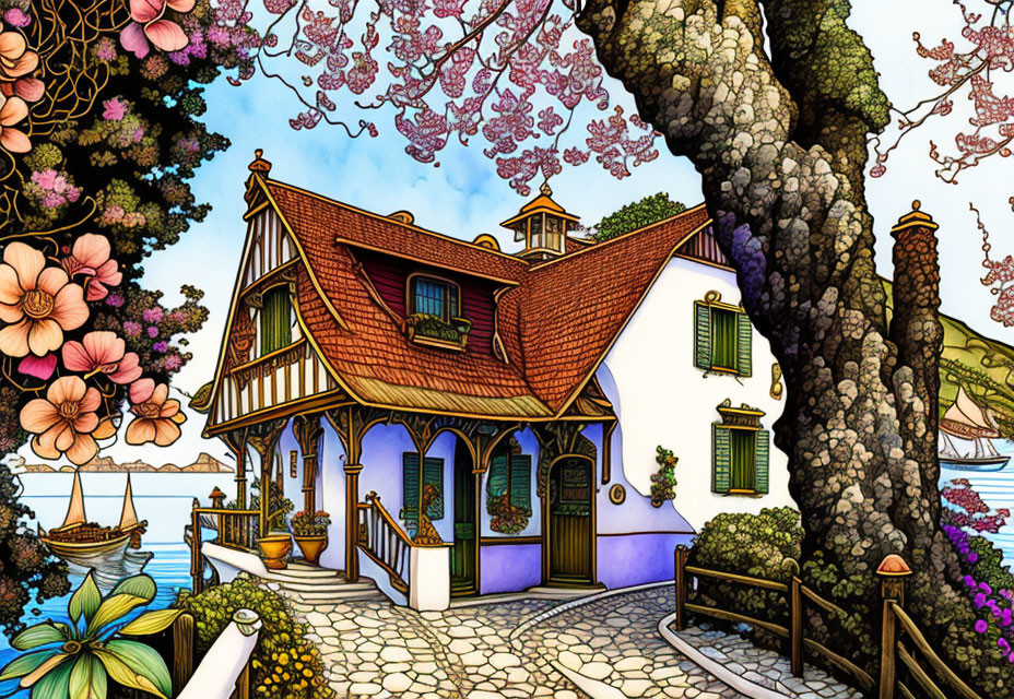 Vibrant illustration: quaint house with red roof, blue trim, surrounded by blooming nature near