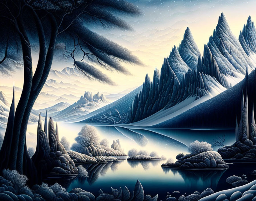 Stylized landscape with mountains, trees, lake, and starry sky in cool blue tones