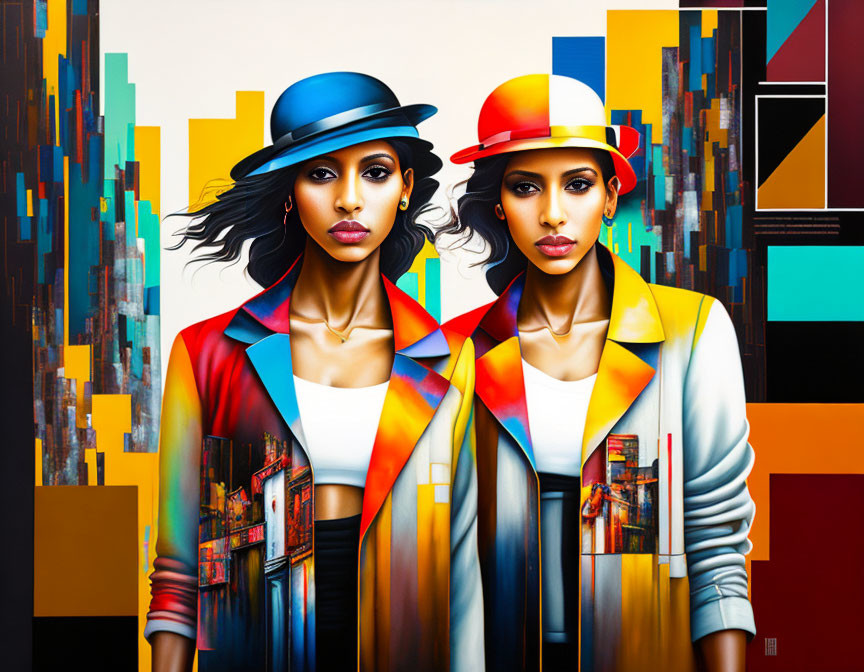 Colorful Painting Featuring Stylish Women in Cityscape