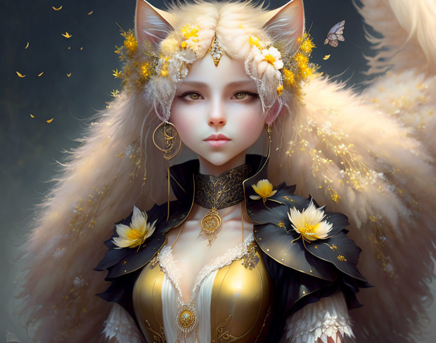 Mystical fox character with floral crown and gold jewelry on dark background