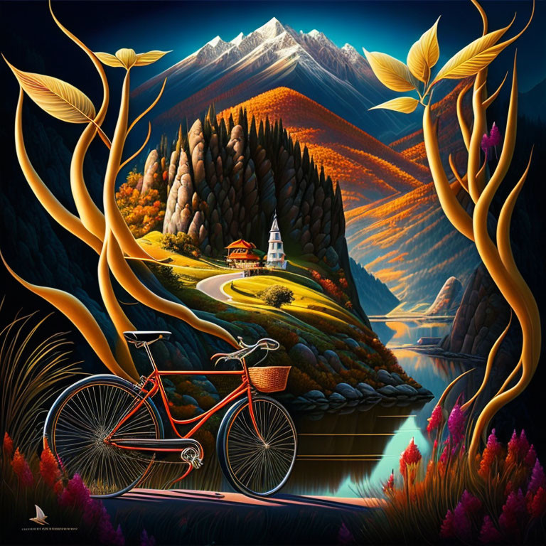 Colorful landscape with red bicycle, winding road, church, autumn trees, flowers, mountains