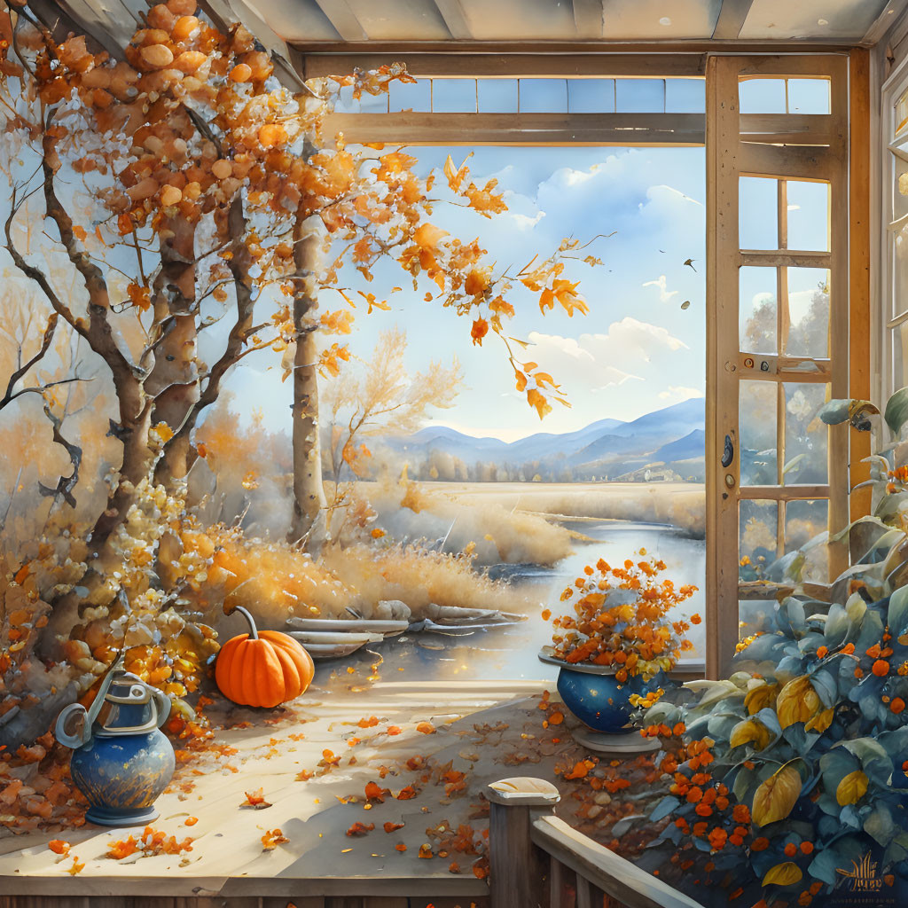 Tranquil autumn room view with fall foliage, river, pumpkin, and kettle