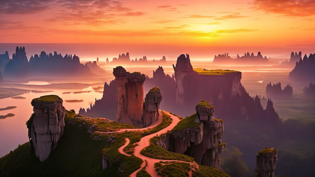 Serene landscape with winding paths, towering rock formations, flowing river at sunrise