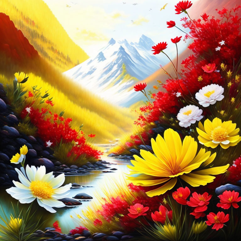 Colorful Landscape Painting with Flowers, Stream, and Mountains at Sunset