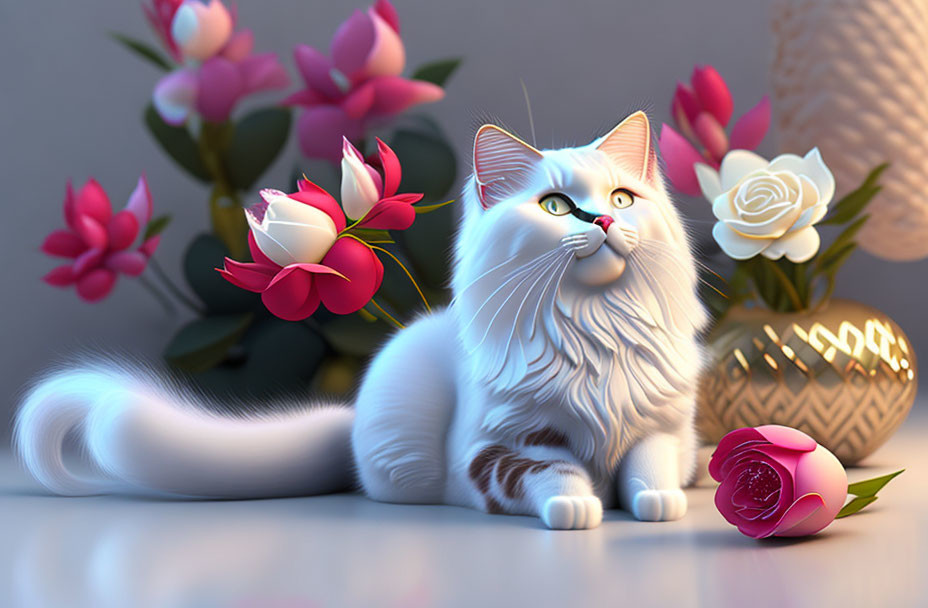 Fluffy White Cat Surrounded by Colorful Flowers