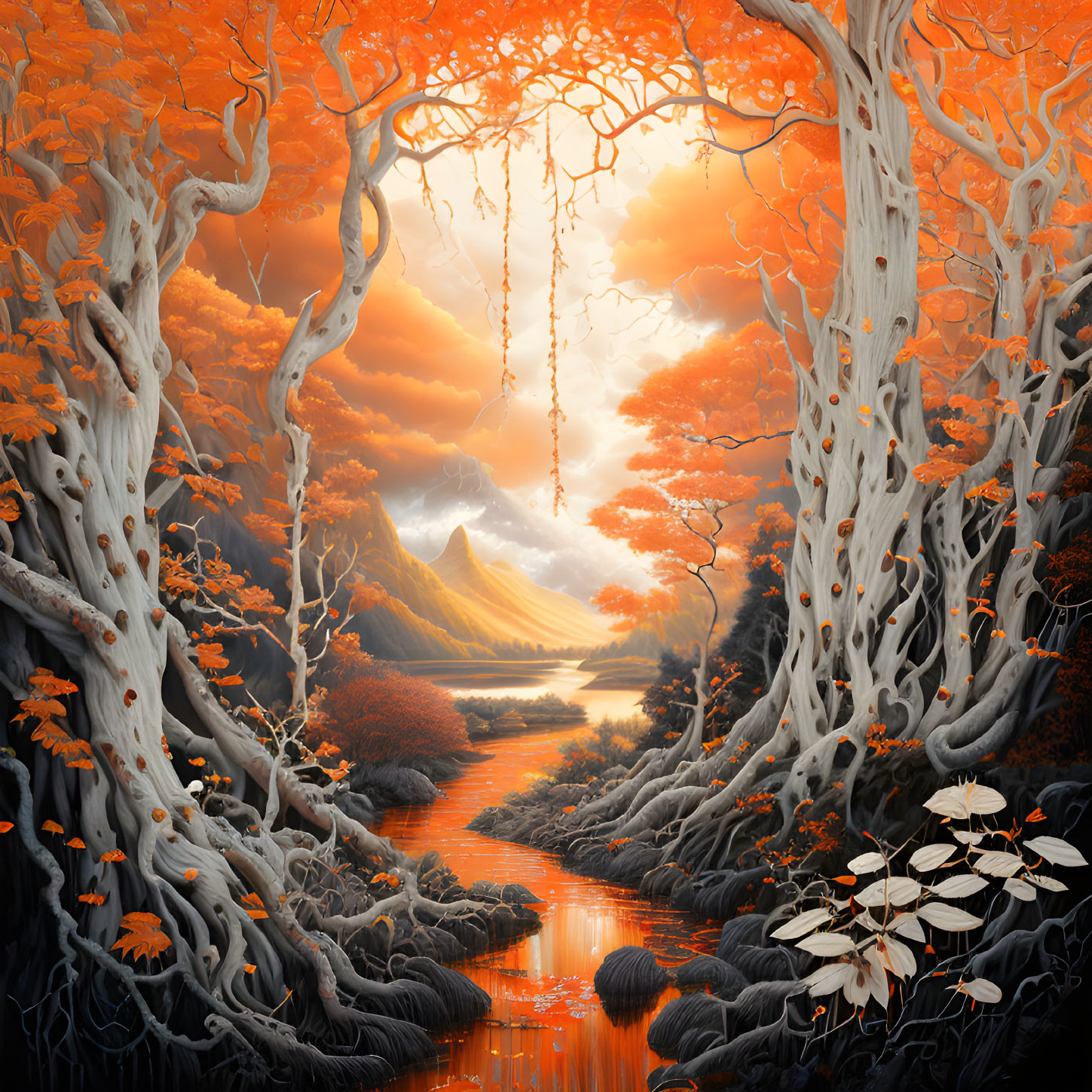 Vibrant autumn landscape with orange trees, serene river, and sunset.