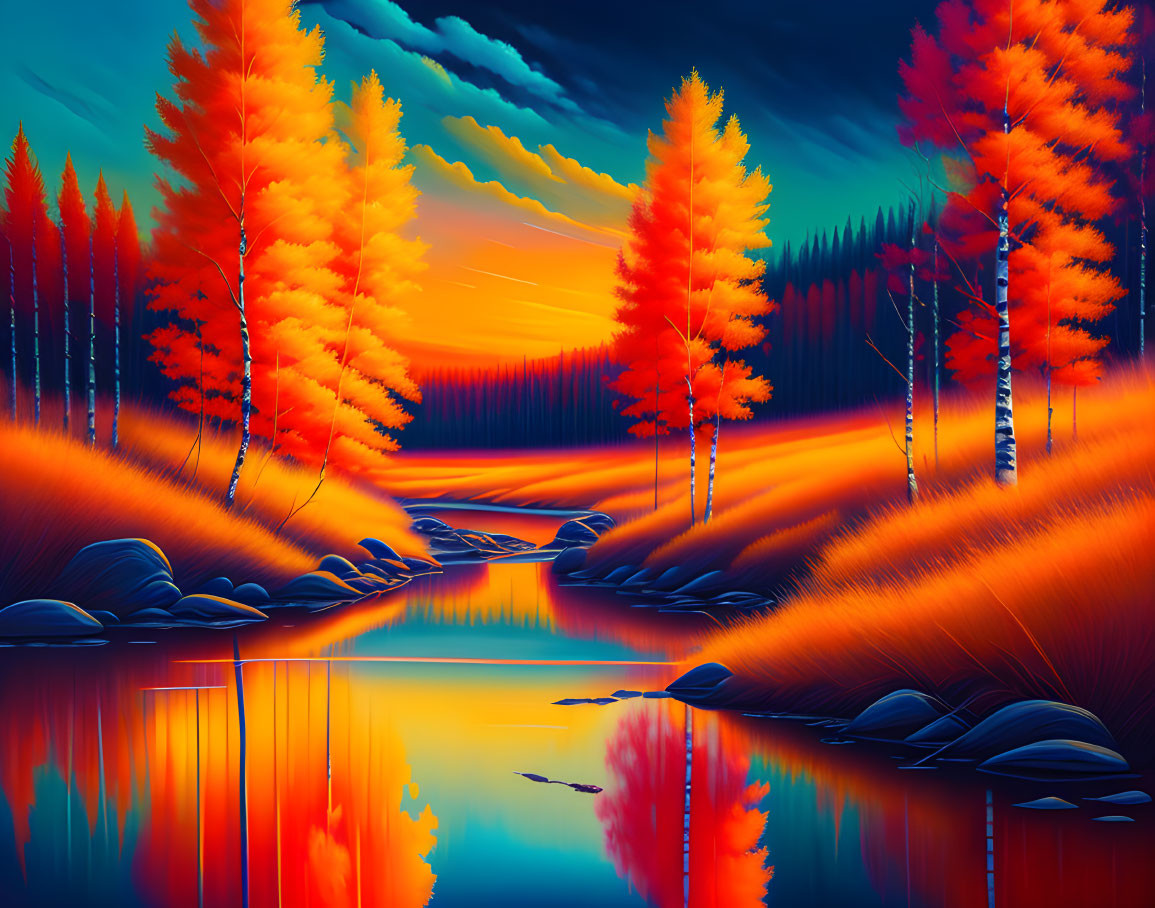 Autumnal scene digital artwork: fiery orange trees, calm river, sunset.