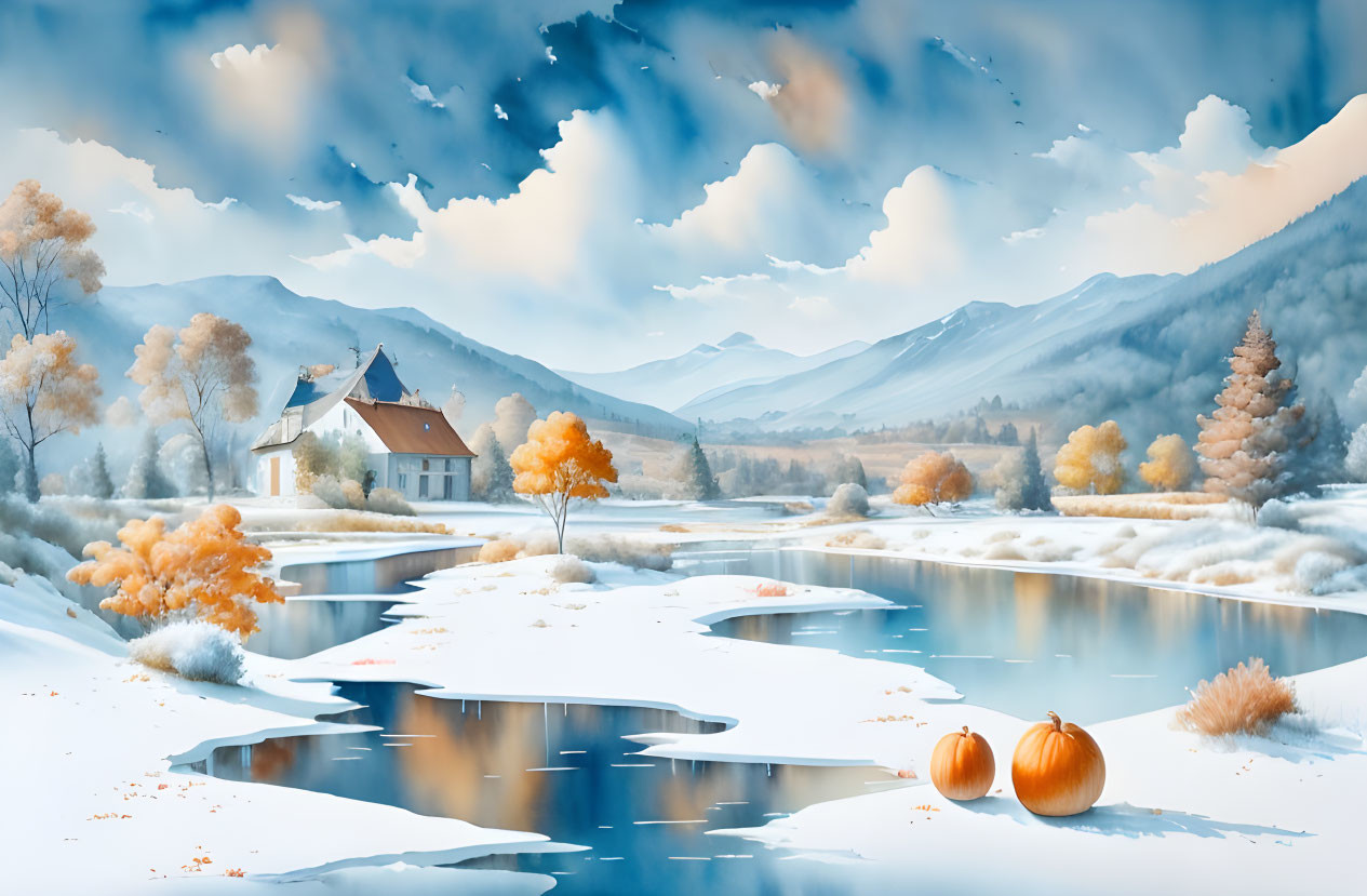 Snow-covered winter landscape with house, frozen river, mountains, pumpkins.