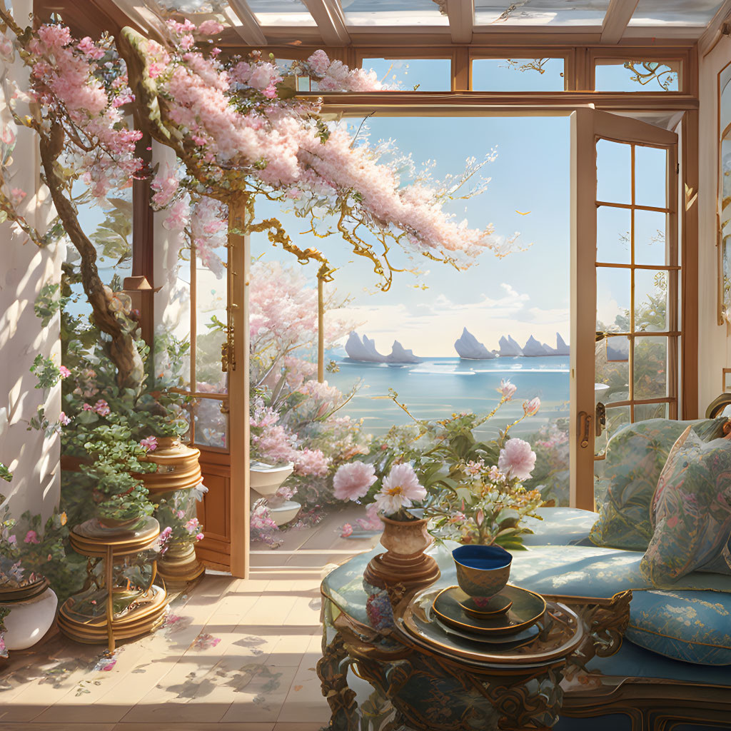 Sunny Room with Large Windows, Blooming Cherry Blossoms, and Ocean View