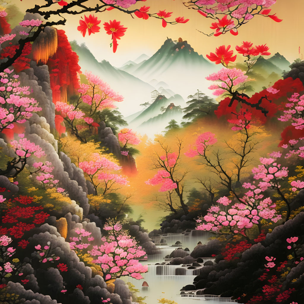 Scenic landscape with waterfall, pink trees, misty mountains, and autumn foliage