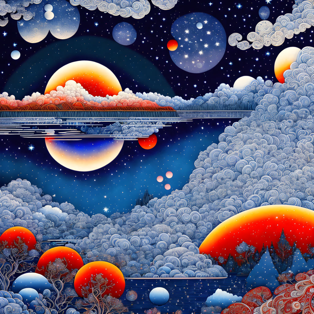 Colorful cosmic scene with planets, stars, moons, and water reflection.