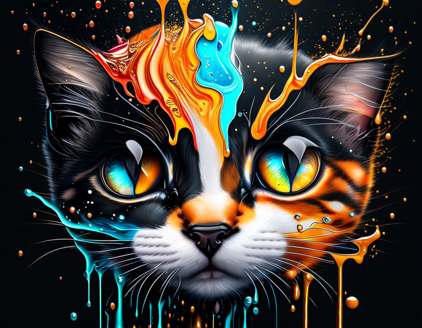 Colorful digital cat art with dripping paint effect on dark background