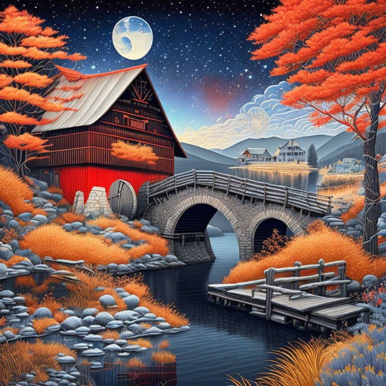 Illustration of red barn, bridge, river, autumn trees under starry night.