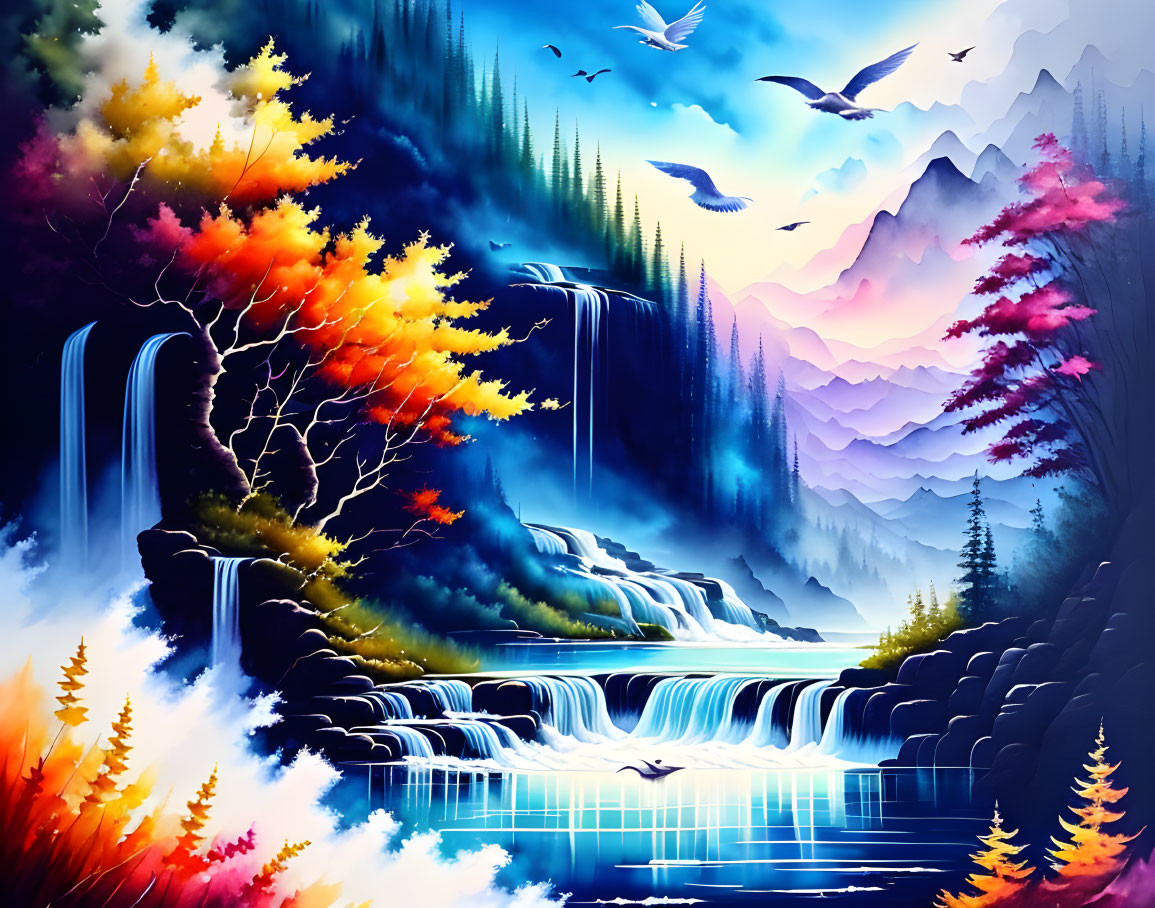 Scenic landscape with waterfalls, river, autumn trees, misty mountains, birds, and sunset