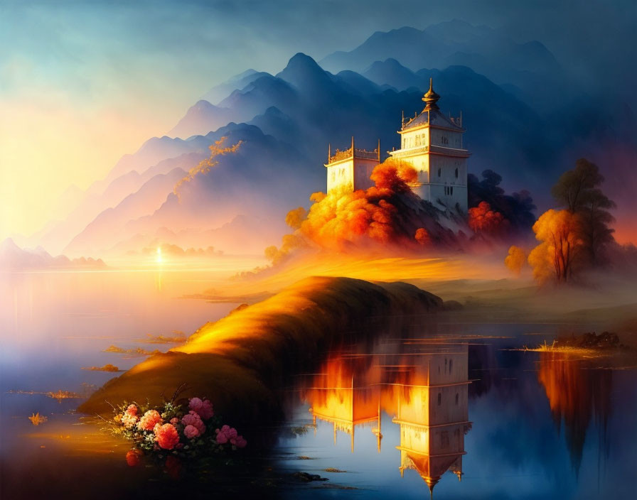 Tranquil landscape with lake, castles, colorful trees, sunset, and mountains