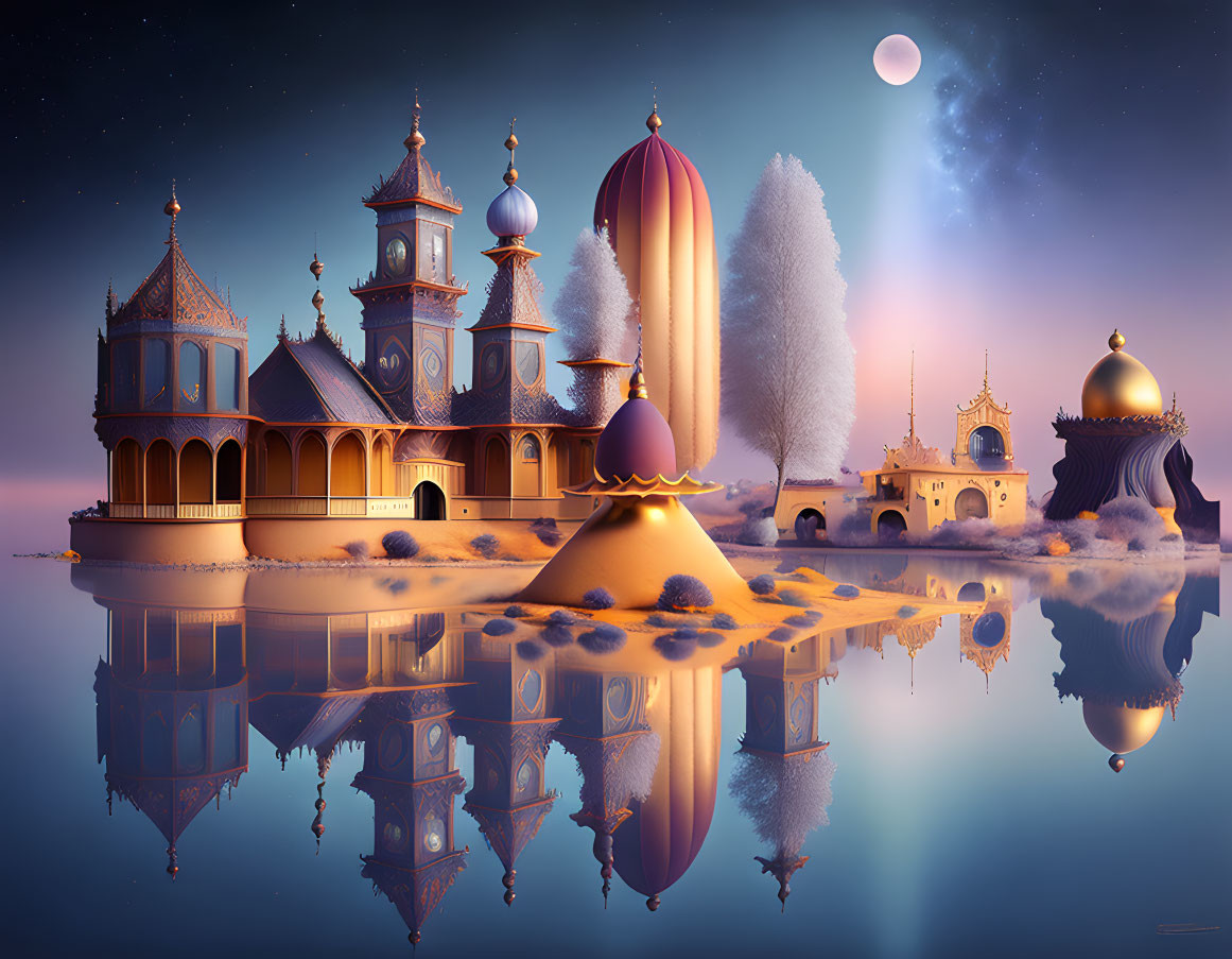 Fantasy landscape digital artwork with ornate buildings, trees, moonlit sky