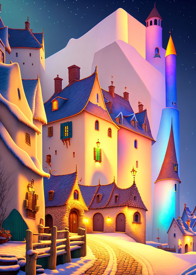 Fairytale castle illustration: night scene with lit windows, cobblestone path, starry sky