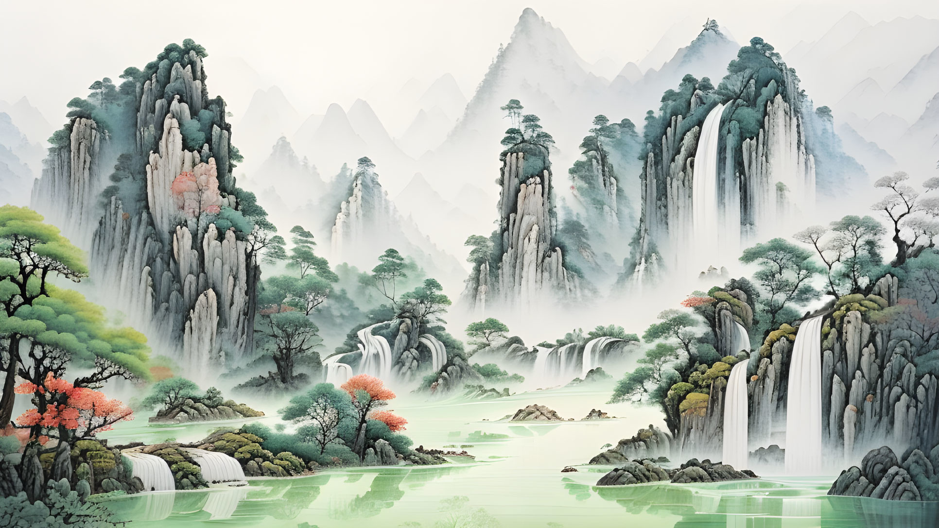 Chinese Ink Landscape Painting: Misty Mountains, Lush Trees, Waterfalls