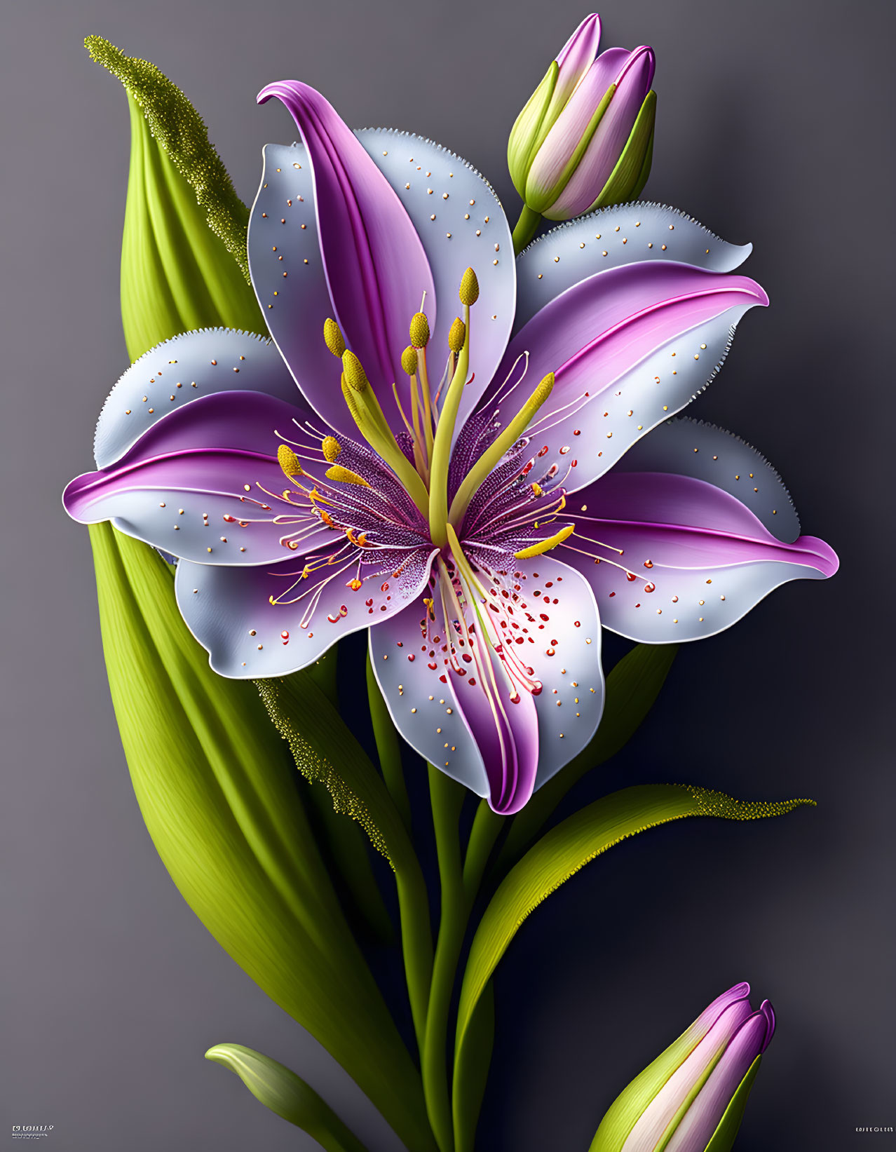 Stylized purple lily with speckled petals and stamens on grey background