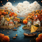 Tranquil autumnal scene: boats, houses, fall foliage, billowing clouds