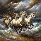 Majestic white horses galloping in stormy ocean scene