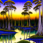 Serene forest at sunset: tall trees, calm lake, colorful sky, lush greenery