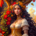 Digital Artwork: Woman with Floral Crown in Garden, Detailed Dress & Colorful Flowers