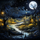 Intricate Blue and Black Night Scene with Village, Trees, Sailboats, and Moonlit Sky