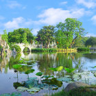 Tranquil painting of thatched-roof cottages by a lake and mountains