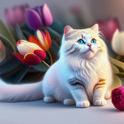 Fluffy White Cat Surrounded by Colorful Flowers