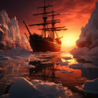 Tall ship sailing in icy waters at sunset