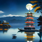 Traditional pagoda by tranquil lake under starry sky