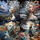 Surreal illustration of woman's profile with flowing hair merging into cloudy sky, vortex, castle,