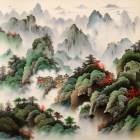 Tranquil landscape painting of misty forests, lush trees, calm waters, and towering cliffs