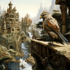 Enchanted woodland with ornate treehouses, large bird, and whimsical creatures