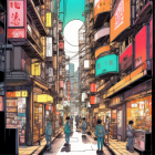 Colorful illustration of a bustling narrow street with traditional signage, people, and moon.