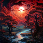 Fiery red clouds, glowing sun, crimson foliage, twisted trees in vivid landscape.