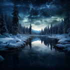 Tranquil Nighttime Scene: Starry Sky, Reflective Lake, Autumn Trees