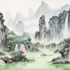 Chinese Ink Landscape Painting: Misty Mountains, Lush Trees, Waterfalls