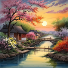 Serene riverside painting with cozy house, autumn trees, wooden bridge