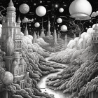 Intricate towers and waterfalls in surreal cosmic landscape