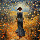 Woman in Flowing Blue Dress Surrounded by Fiery Phoenix Patterns