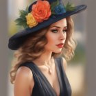 Woman with wavy hair in black hat with roses, gazing sideways