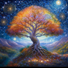 Whimsical tree painting with golden trunk and starry leaves on swirling night sky