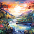 Dual suns sunset illustration over serene river with lush flora