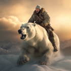 Person riding giant polar bear in snowy landscape at sunset