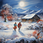 Snowy village night scene: couple holding hands, illuminated houses, falling snow.