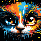 Colorful digital cat art with dripping paint effect on dark background