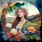 Portrait of woman with long wavy hair, floral headpiece, colorful dress, framed by mirror and