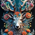 Colorful floral and coral motif on deer against teal background